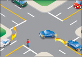 a vehicle yielding the right-of-way to approaching vehicle turning right and a pedestrian crossing intersection