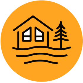 white outline of a cottage on a yellow background
